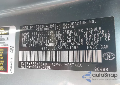 2011 Toyota Camry Le from USA, damaged, VIN 4T1BF3EK5BU644099
